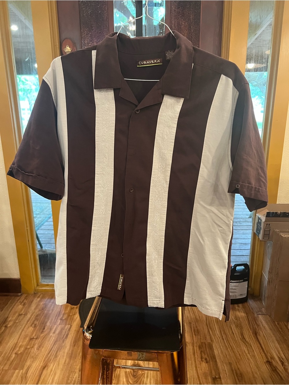 Cubavera Brown and White Vertical Stripe Short-Sleeve Cuban Shirt
